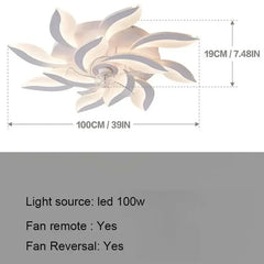 Ceiling fan with dimensions and light source details on a white background