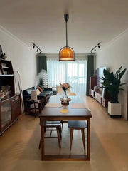 Amber Glass Dome Pendant Light with Wood Accents