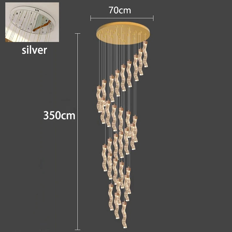 Chandelier with dimensions and a close-up inset on a dark background