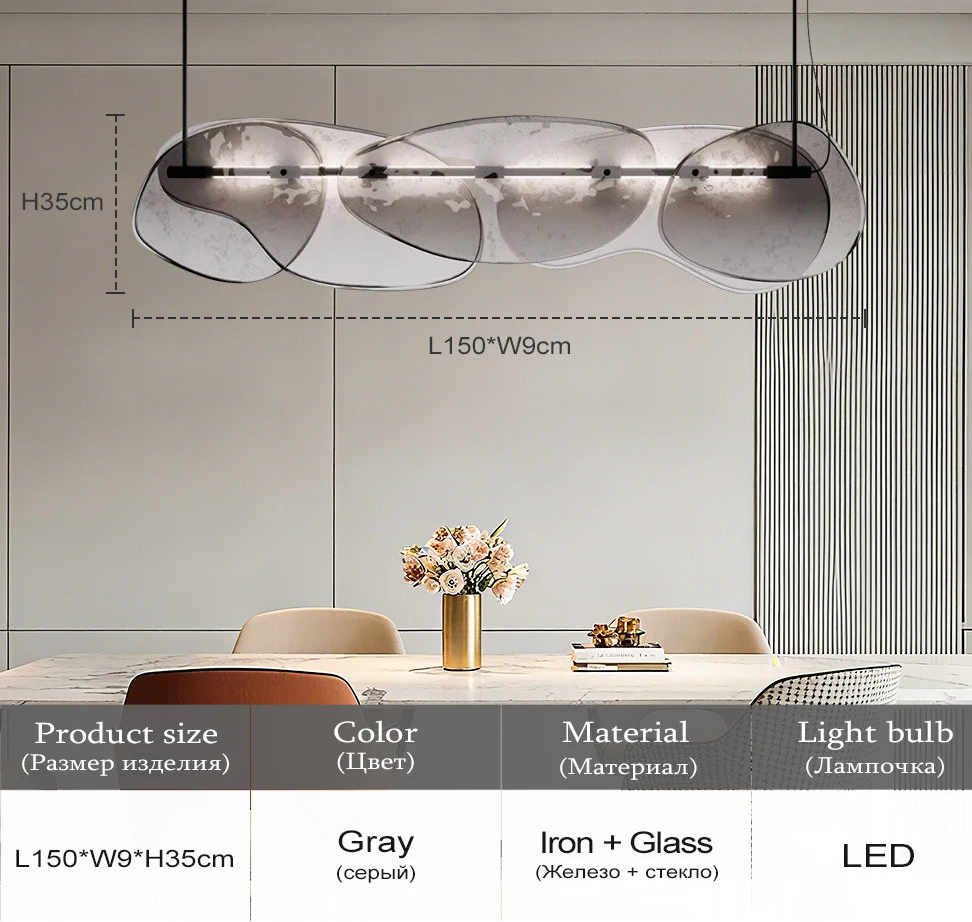 Modern pendant light with dimensions and material details on a neutral background