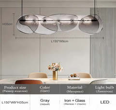 Modern pendant light with dimensions and material details on a neutral background