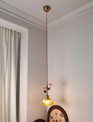 Gold Ceramic Flower Pendant Light with Glass Shade