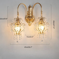 Gold wall sconces with crystal accents and dimensions on a gray background