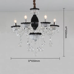 A black and crystal candelabra chandelier with dimensions indicated: Height 550mm and Diameter 650mm.