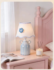 Striped Ceramic Table Lamp with Scalloped Floral Shade