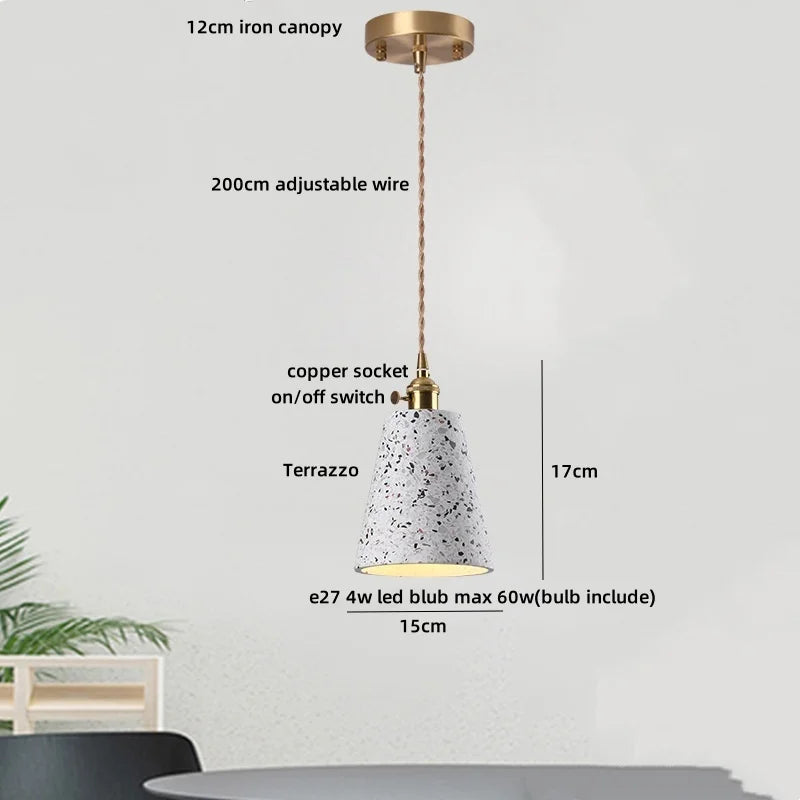 Pendant light with labeled features on a white background