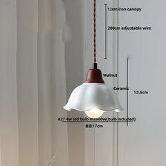 Pendant light with dimensions and bulb information on a neutral background