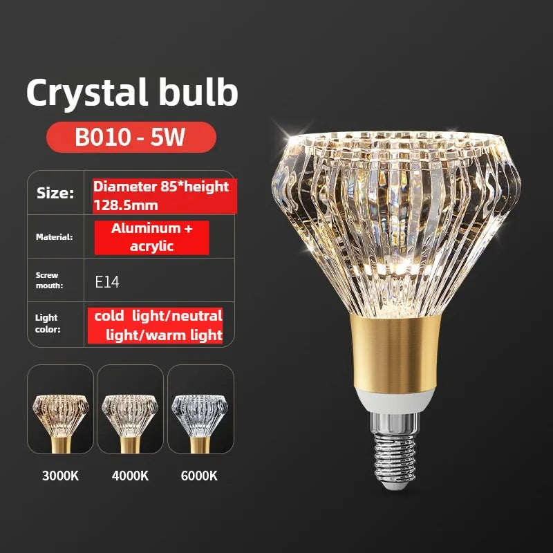 Crystal bulb with specifications on a dark background