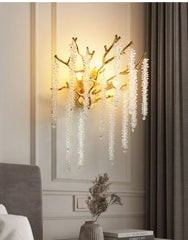 Gold Crystal Branch Wall Sconce with Cascading Beads