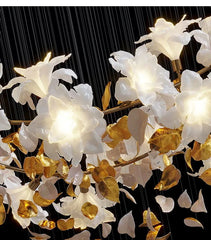 Gold Petal & White Flower Chandelier with Cascading Design