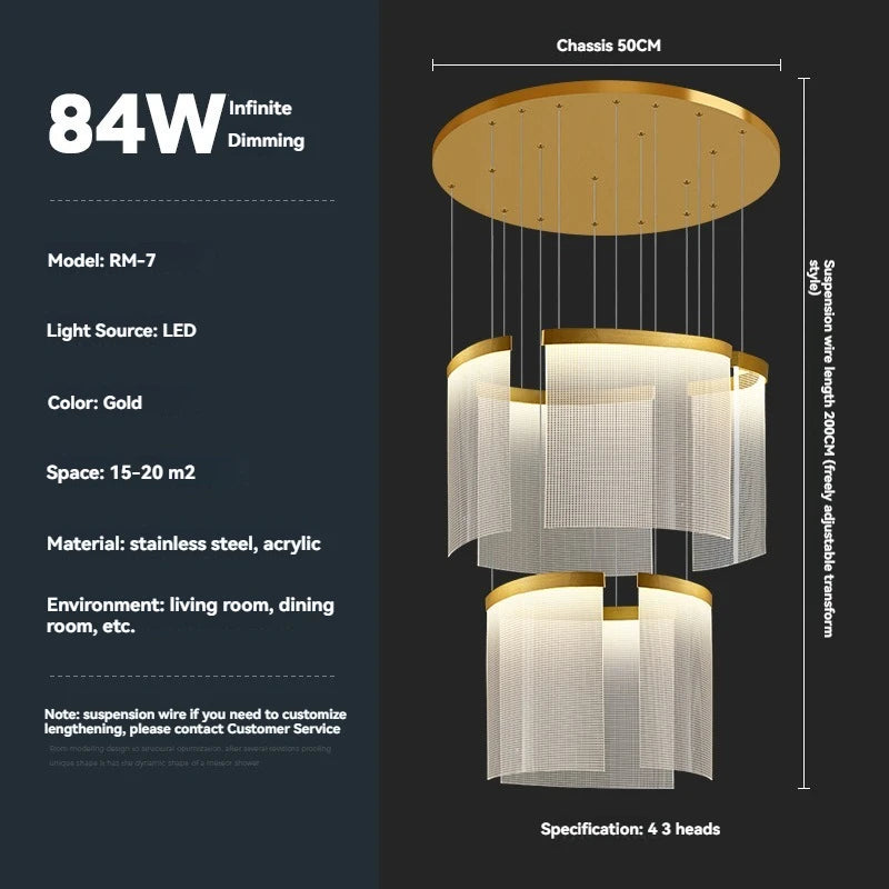 Gold pendant light with specifications on a black background