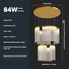 Gold pendant light with specifications on a black background