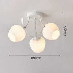 Flower Bud Semi-Flush Ceiling Light White Glass Green Metal Accents