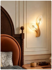 Gold Metal Leaf Wall Sconce with Frosted Glass Bell Shade Lighting