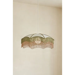 White Scalloped Shade Pendant Light with Layered Green and Tan Tassels