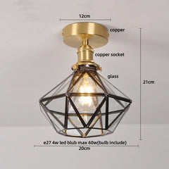 Ceiling light fixture with geometric glass shade and measurements on a gray background
