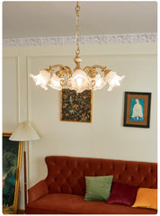 Gold Floral Chandelier With Frosted Glass Shades