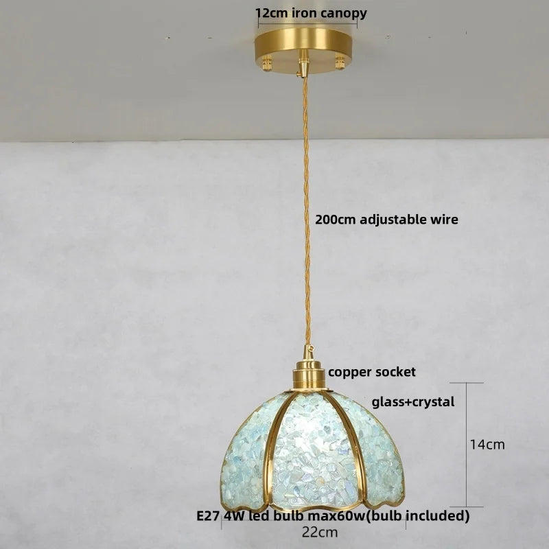 Pendant light with labeled parts on a white background