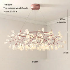 Chandelier with 108 lights, metal and acrylic material, adjustable height, dimensions shown.