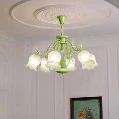 Green floral tulip semi-flush ceiling light installed in a room with decorative ceiling molding