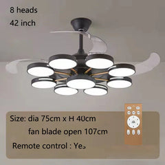 Ceiling fan with light fixture and remote control on a neutral background