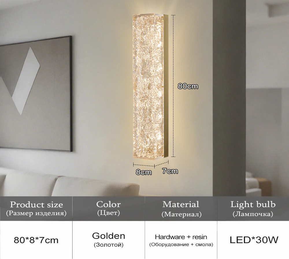 Wall-mounted lamp with dimensions and material details on a neutral background