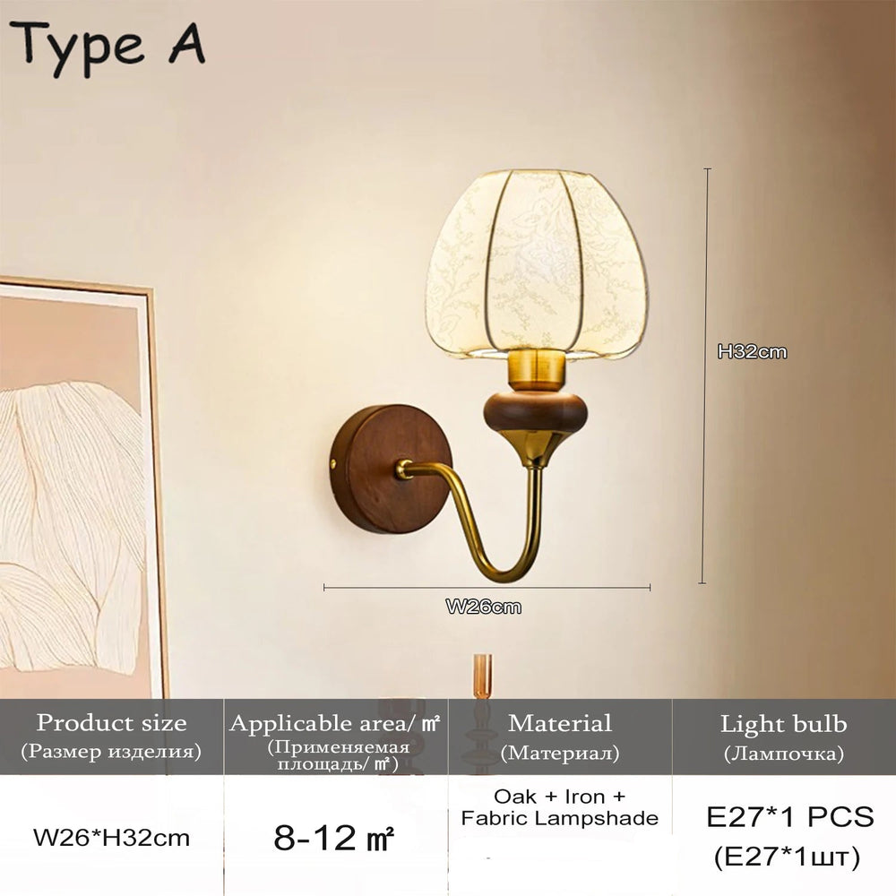 Wall lamp with fabric lampshade on a beige wall, dimensions and product details displayed.