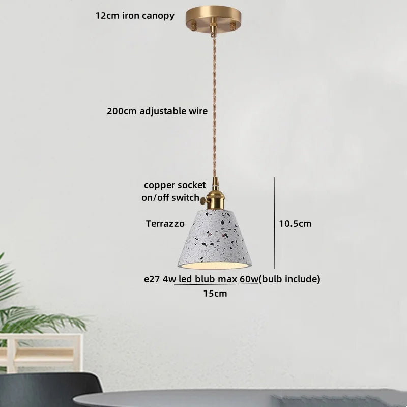 Pendant light with labeled features on a white background