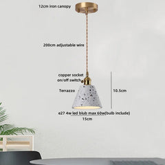 Pendant light with labeled features on a white background