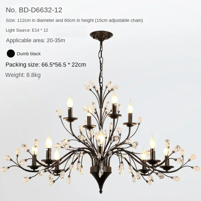 Black chandelier with crystal accents on a light gray background