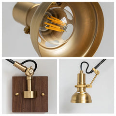 Adjustable Brass Wall Sconce with Walnut Base and Black Arm