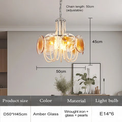 Gold Glass Beaded Chandelier with Pearl Strings Pendant Light