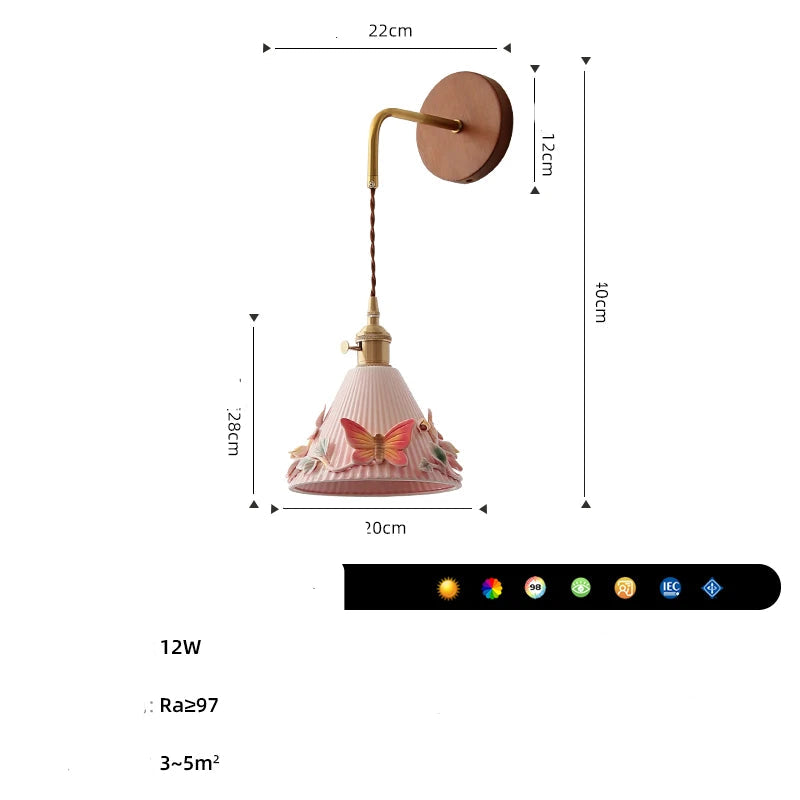 Wall lamp with dimensions and features on a white background