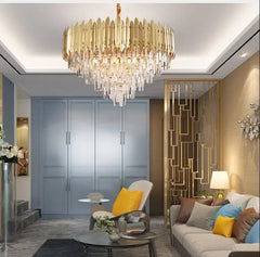 Gold Crystal Tiered Cascading Chandelier with Dazzling Faceted Prisms