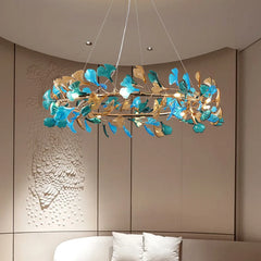 Gold Ginkgo Leaf Ring Pendant Light Fixture with Amber Glow