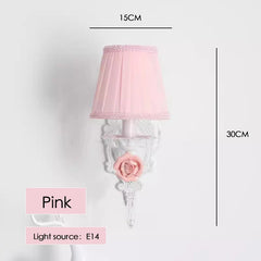 White Metal Rose Sconce with Pink Pleated Shades and Crystal Drop