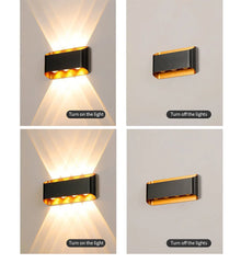 Wall-mounted light fixture with different lighting effects on a gray background.