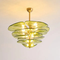 Glass Leaf Tiered Chandelier Polished Copper Floral Pendant Light