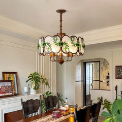 Bronze Chandelier with Frosted Glass and Green Leaf Floral Accents