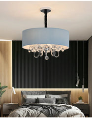 Blue Fabric Drum Pendant Light with Crystal Accents