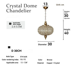 Ornate Gold Metal Crystal Orb Pendant Light Fixture