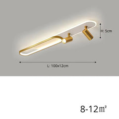 Modern ceiling light fixture with dimensions and power rating on a gray background