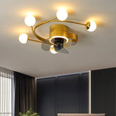 Gold ceiling fan light fixture with multiple globes and a central fan on a white ceiling