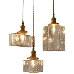 Brass Square Pendant Light with Textured Amber Glass Shade