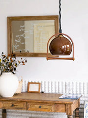 Amber Glass Dome Pendant Light with Wood Accents