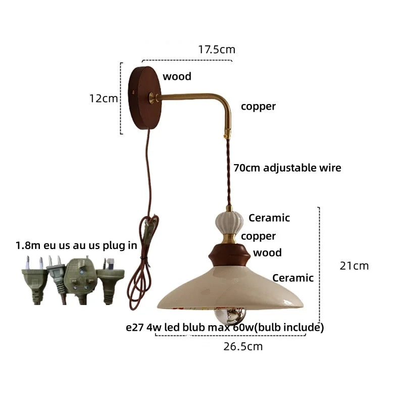 Wall-mounted lamp with dimensions and material details on a white background