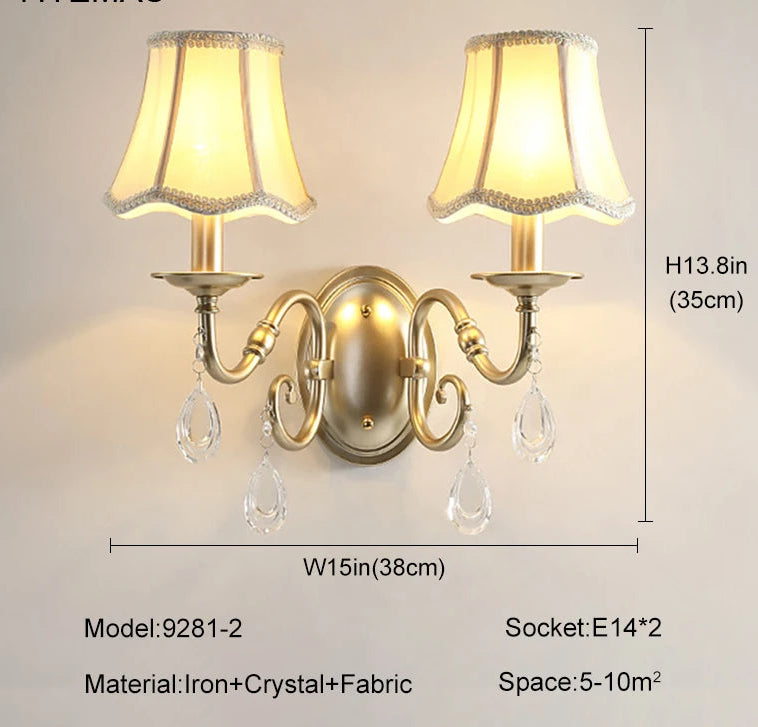 Wall-mounted lamp with fabric shades and crystal accents, showing dimensions and specifications.