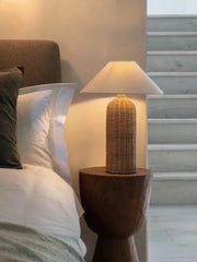 Handwoven Rattan Drum Table Lamp with Fabric Shade