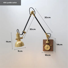 Brass Adjustable Swing Arm Wall Sconce Wooden Base Black Frame