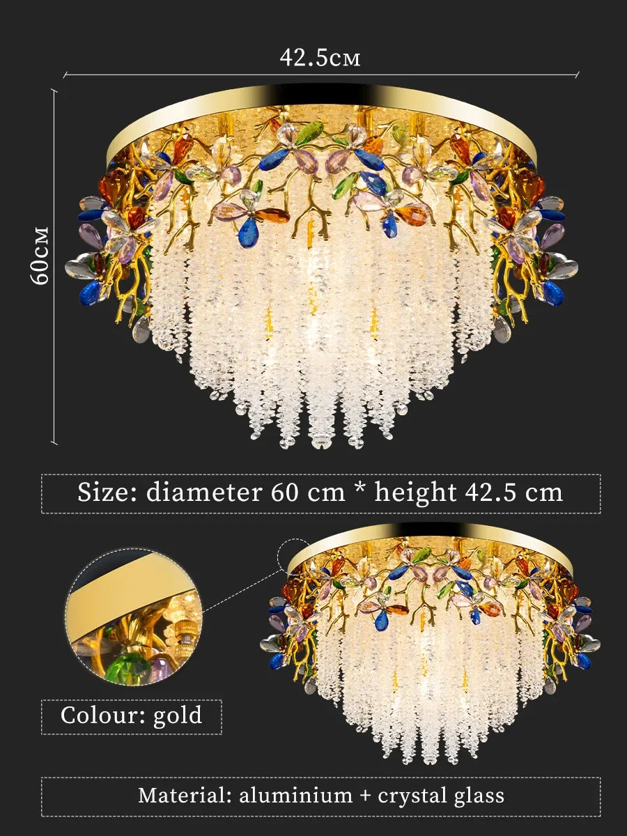 Decorative ceiling light fixture with measurements and material details on a black background
